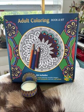 Mandala Design Adult Coloring Book & Kit with Mandala Soy Candle Mango New